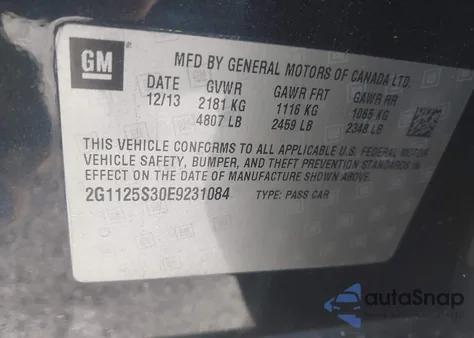 2014 Chevrolet Impala 2Lt из США, поврежденный, VIN 2G1125S30E9231084